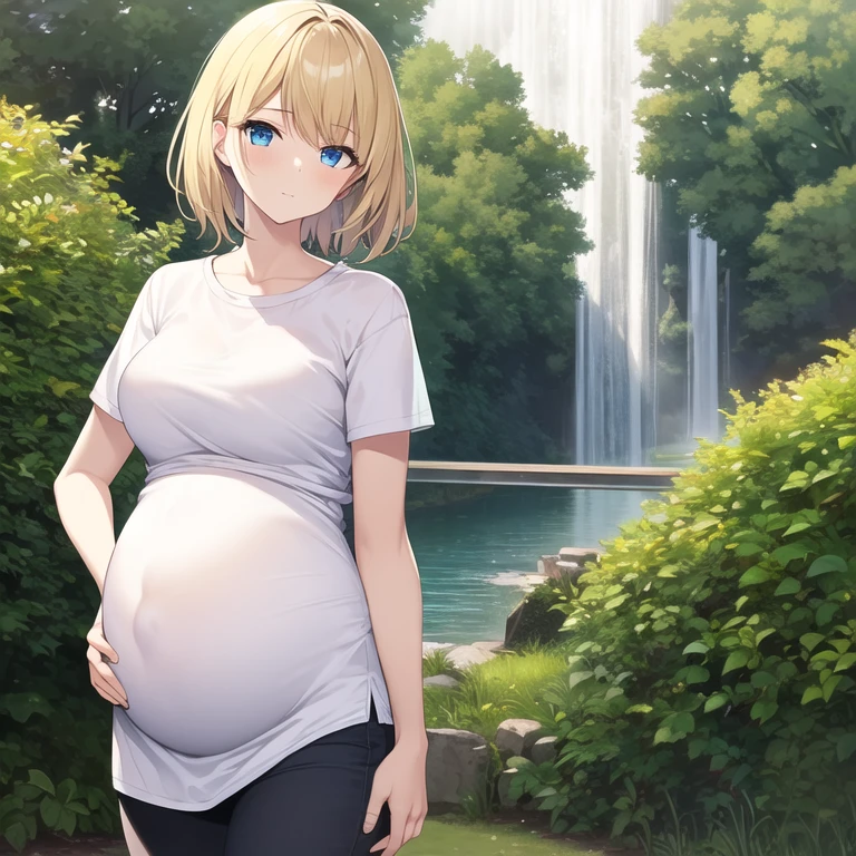 masterpiece, best quality, 1girl, solo, mature female, straight hair, short hair, blonde hair, beard, blue eyes, white t-shirt, black pants, pregnant, hands in pockets, outdoors