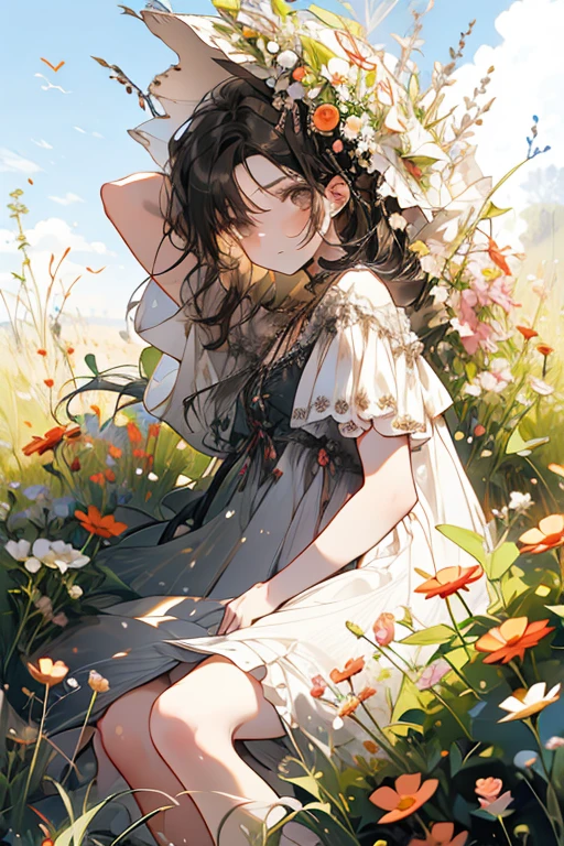 A black haired woman with brown eyes is laying in a field of flowers in a summer dress