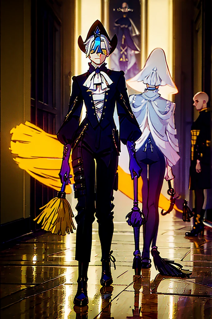 (ghostly broom theme:1.3), street wear, male, man, boy, avant garde fashion:1.2, wearable art, (couture:1.2), oversized clothing, skintight clothing, fullbody