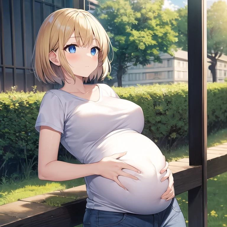 masterpiece, best quality, 1girl, solo, mature female, straight hair, short hair, blonde hair, beard, blue eyes, white t-shirt, black pants, pregnant, hands on belly, outdoors