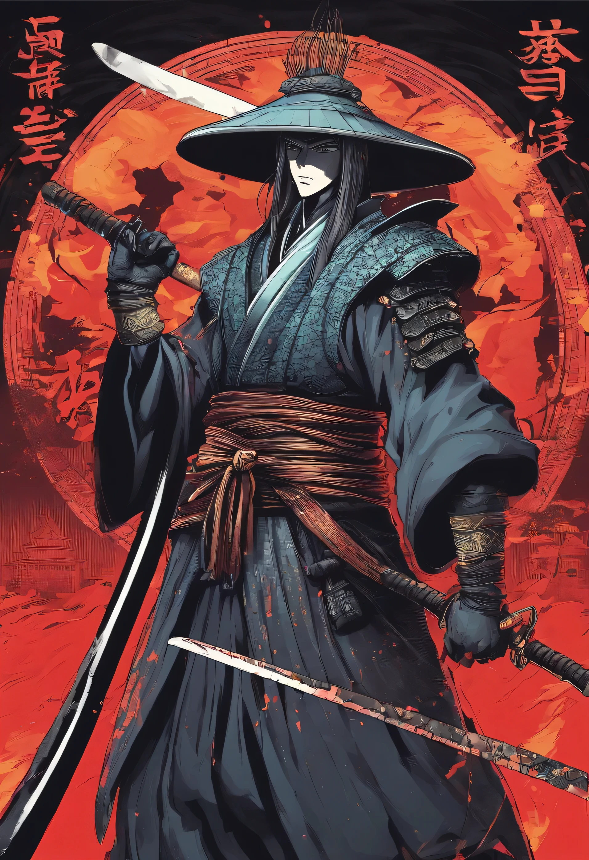 ronin, straw hat, holding katana, ruined dojo background, clan banner, night environment