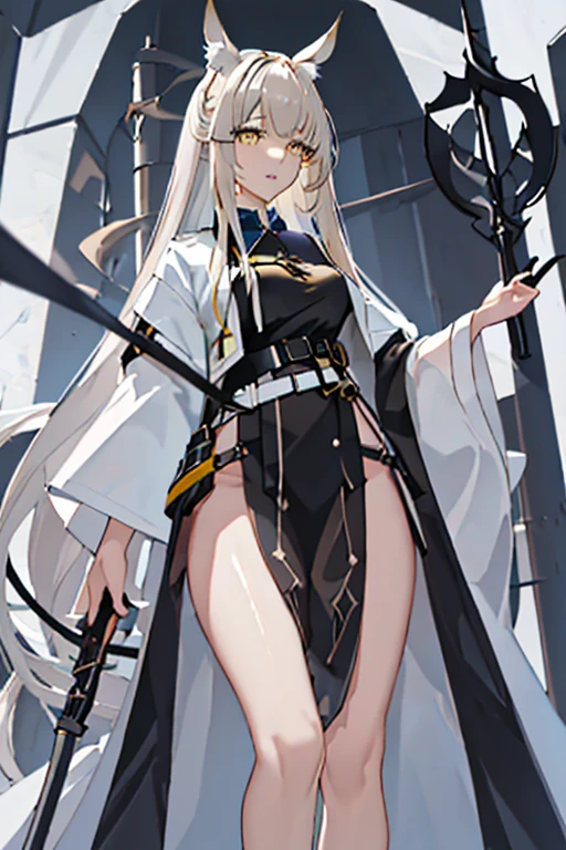 best quality, masterpiece, highres, solo, {platinum_arknights:1.15}, animal_ears, long_hair, bangs, horse_ears, white_hair, animal_ear_fluff, yellow_eyes, upper_body, very_long_hair, brown_eyes, 1girl, full body ,looking_at_viewer, simple_background, white_background, high_collar, parted_lips, portrait, sidelocks, white_jacket,from below