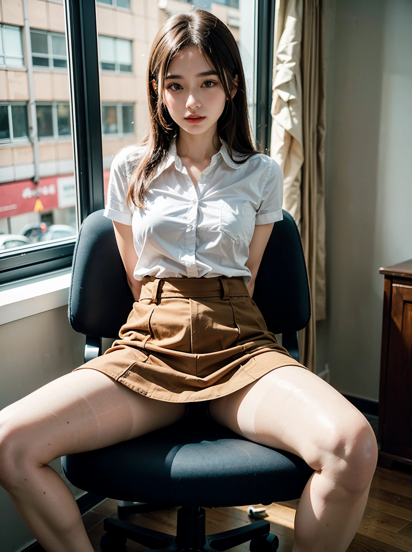 NSFW、27 years old、well-groomed face、unparalleled beauty、office girl、open white shirt、Black tight skirt rolled up、light brown pantyhose、Wearing black pumps、M-shaped legs、spread your legs wide、Precise human body structure、accurately depict limbs、five fingers、sit in a chair