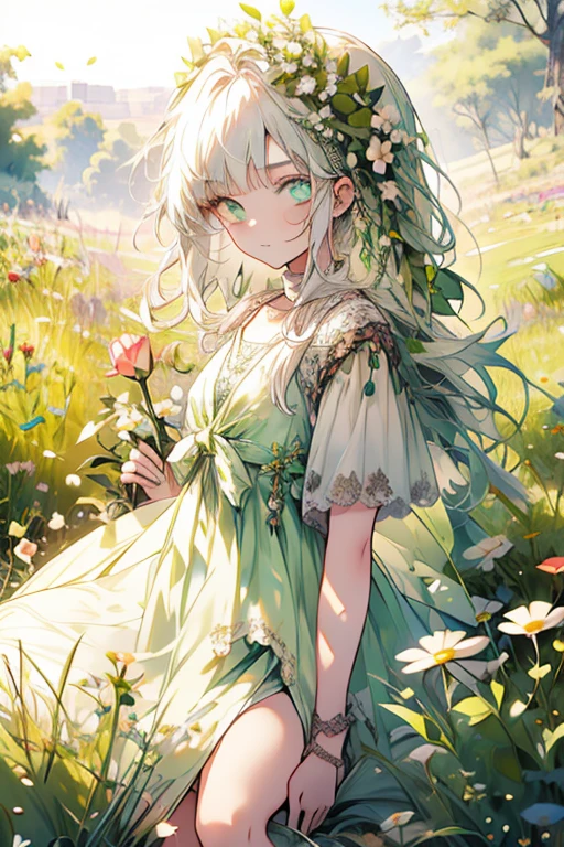 A silver  haired young woman with green eyes is laying in a field of flowers in a summer dress
