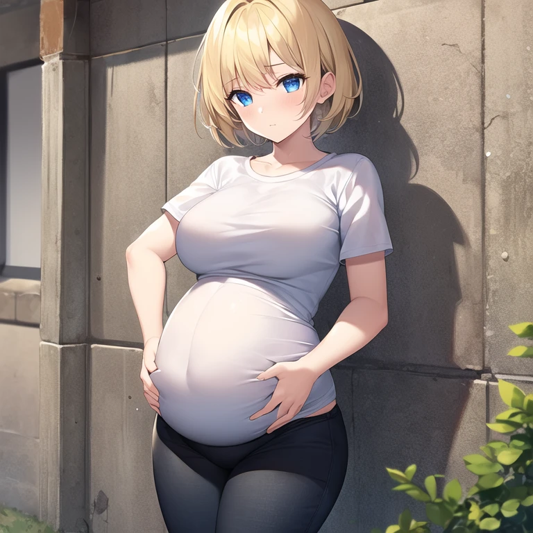 masterpiece, best quality, 1girl, solo, mature female, straight hair, short hair, blonde hair, beard, blue eyes, white t-shirt, black pants, pregnant, hands on belly, outdoors