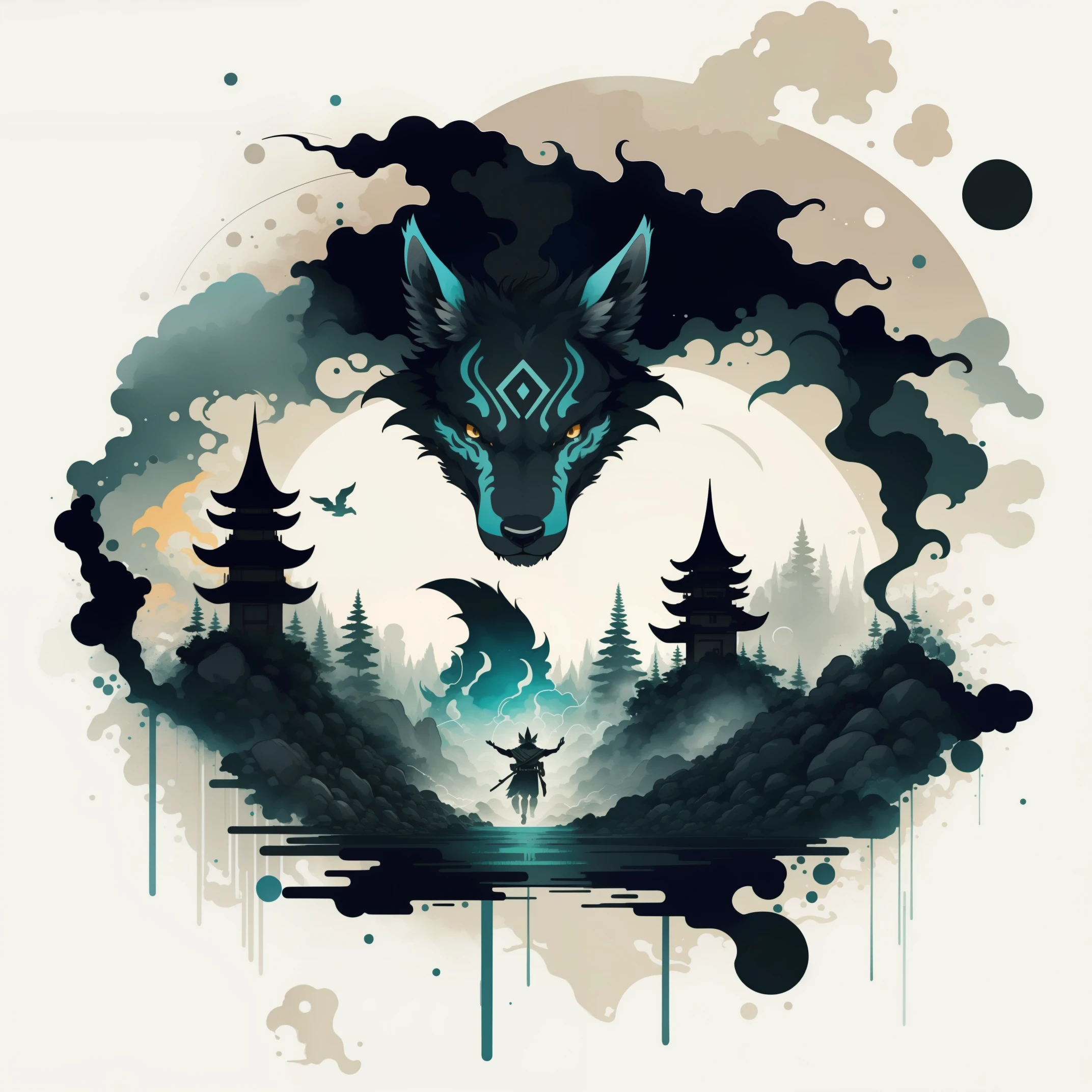 8k, cover_page, Tribal Spirit animals, A t-shirt design inspired by tribal art and folklore, featuring intricately detailed spirit animals such as wolves, The design incorporates geometric patterns and bold linework to create a striking and powerful composition, white background,