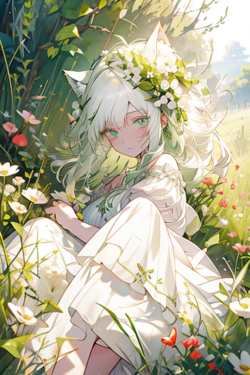 A white haired woman with green eyes with white wolf ears and a white wolf tail is laying in a field of flowers in a summer dress
