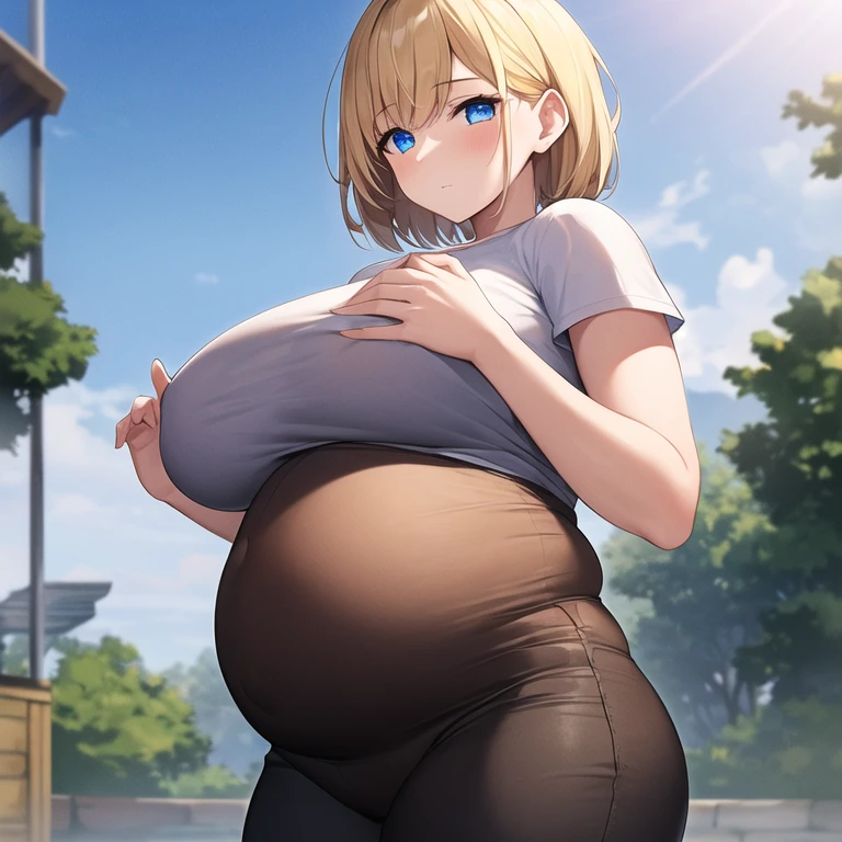 masterpiece, best quality, 1girl, solo, mature female, large breasts, plump, straight hair, short hair, blonde hair, beard, blue eyes, white t-shirt, black pants, pregnant, hands on belly, outdoors