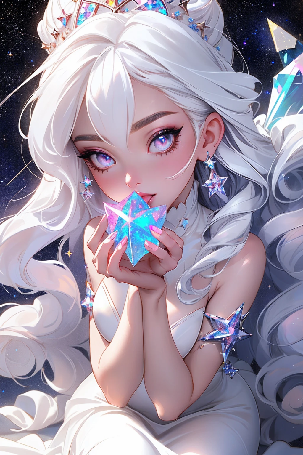 {-erro_de_anatomia:1.0} masterpiece, highest quality, (perfect face:1.1, (high detail)1.1, sweet stardust vampire , long soft white hair, opal eyes, perfectly drawn face, black dress, stars detailed background, prismatic lighting, glitter, whole bod., Very sexy, kneeling holding a crystal star in her hands