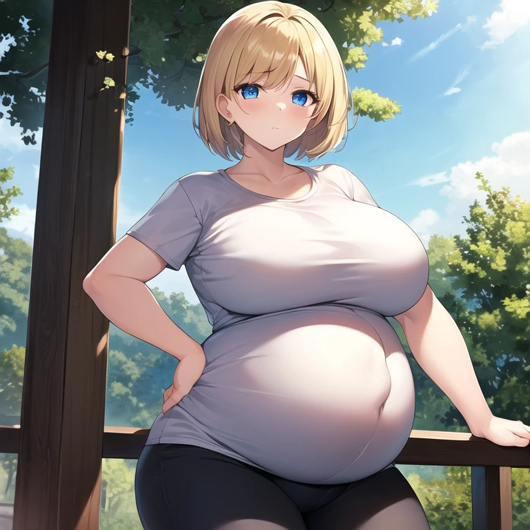 masterpiece, best quality, 1girl, solo, mature female, large breasts, plump, straight hair, short hair, blonde hair, beard, blue eyes, white t-shirt, black pants, pregnant, hands on belly, outdoors