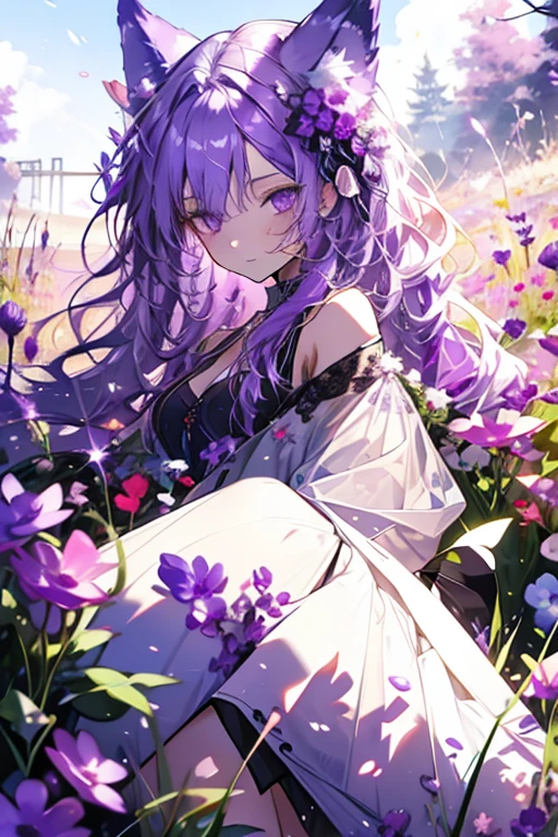A purple haired woman with purple eyes with purple wolf ears and a purple wolf tail is laying in a field of flowers in a summer dress