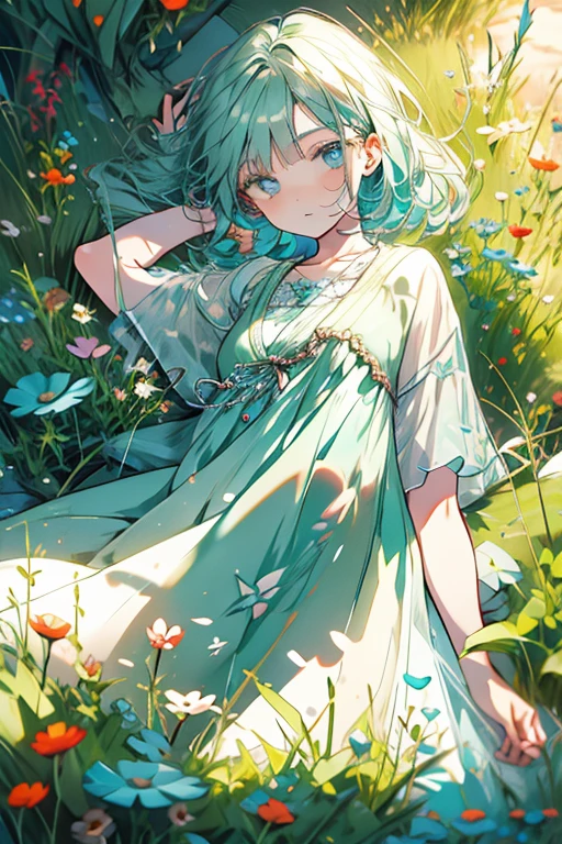 A teal  haired woman with teal eyes is laying in a field of flowers in a summer dress
