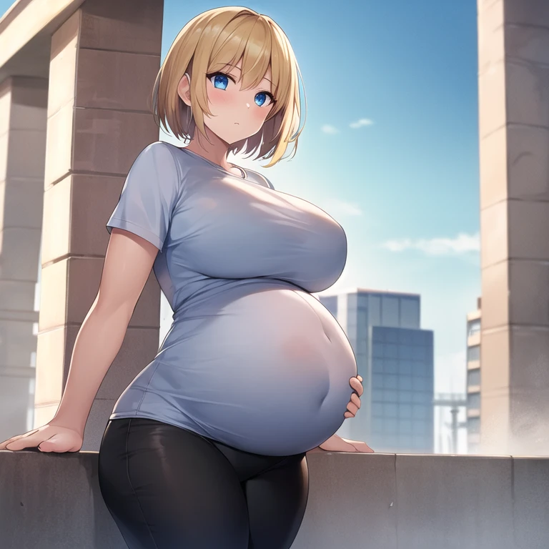 masterpiece, best quality, 1girl, solo, mature female, huge breasts, curvy, straight hair, short hair, blonde hair, beard, blue eyes, white t-shirt, black pants, pregnant, hands on belly, outdoors