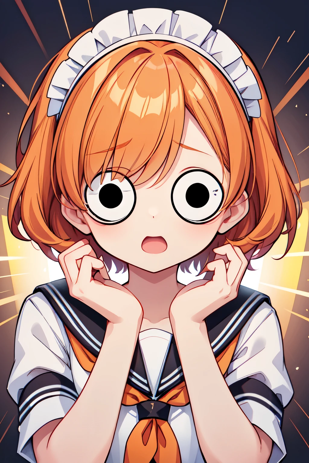 （In 8K, best quality, muste piece:1.2)、ultra high resolution,1 female 14 years old、ultra-detailed face,Three white eyes,Wide open mouth、Bully,cinema lighting、hair over one eye,orange hair,short hair,sailor suit Maid,School