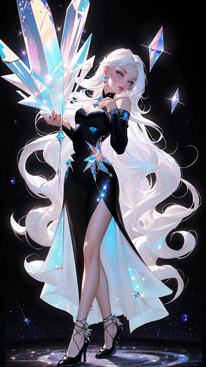 {-erro_de_anatomia:1.0} masterpiece, highest quality, (perfect face:1.1, (high detail)1.1, sweet stardust vampire , long soft white hair, opal eyes, perfectly drawn face, black dress, stars detailed background, prismatic lighting, glitter, whole body, Dancing lightly, Very sexy, with chin resting on shoulder , walking on the stars with cristal shoes, holding a crystal star in her hands