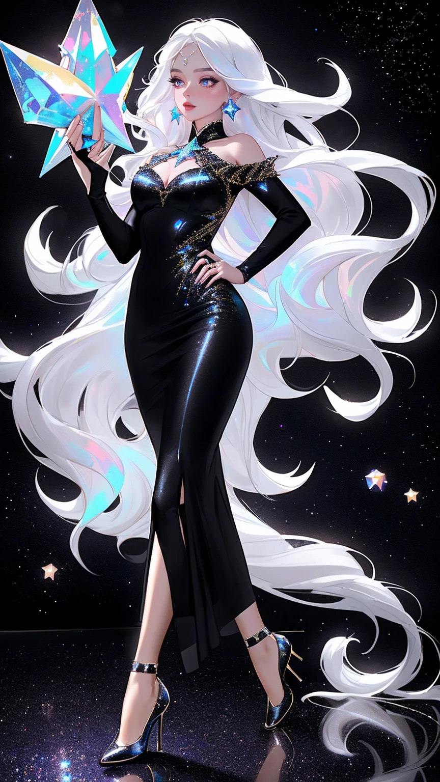 {-erro_de_anatomia:1.0} masterpiece, highest quality, (perfect face:1.1, (high detail)1.1, sweet stardust vampire , long soft white hair, opal eyes, perfectly drawn face, black dress, stars detailed background, prismatic lighting, glitter, whole body,  Dancing lightly, Very sexy, with chin resting on shoulder , walking on the stars with cristal shoes, holding a crystal star in her hands