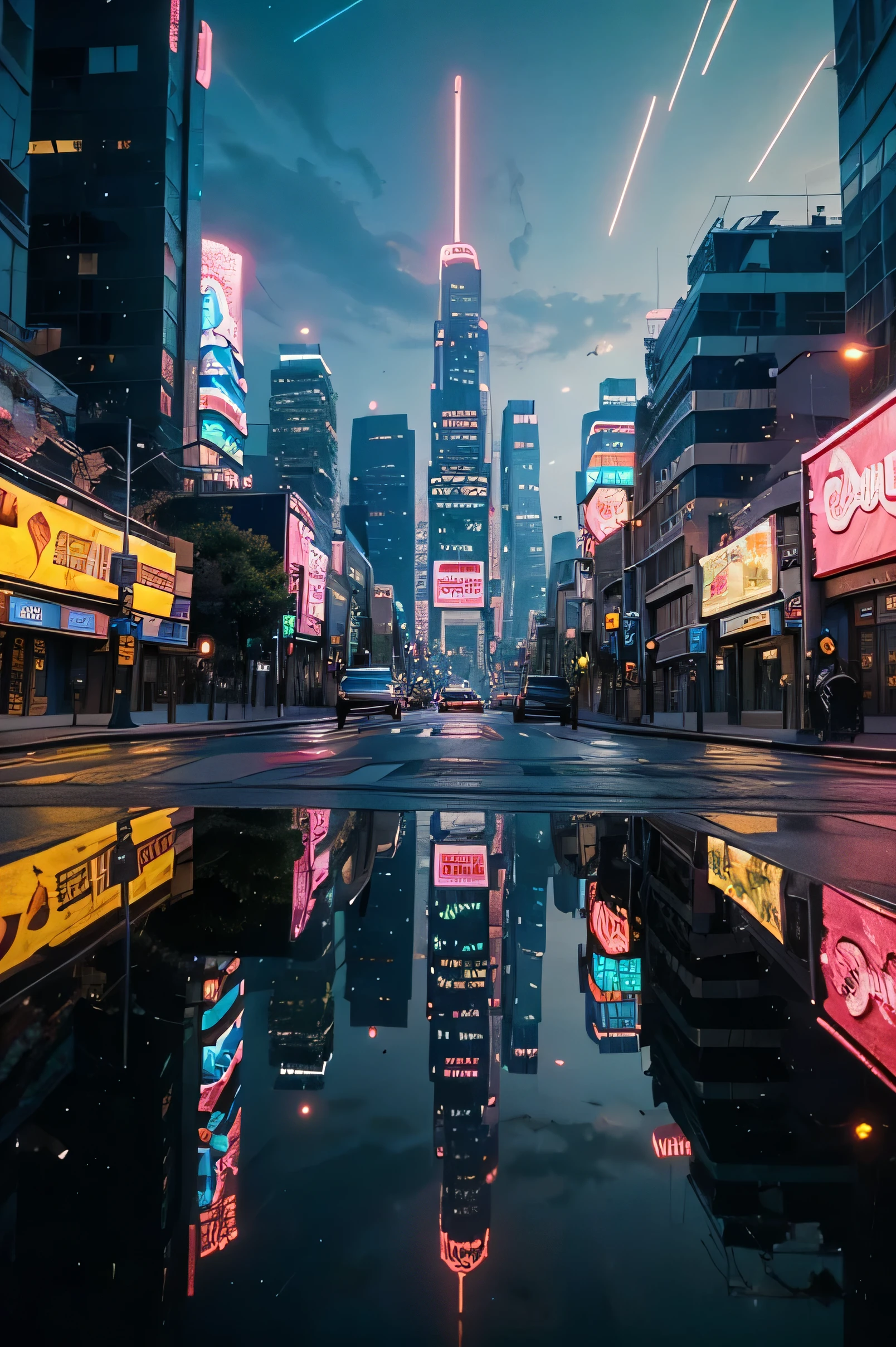 Create a detailed, vibrant image of a futuristic cityscape at twilight, in a style that combines retro 80s aesthetics with modern pixel art. The scene is alive with neon lights in shades of pink and blue, reflecting off the slick, wet streets of the bustling city. Skyscrapers reach towards a starry night sky, their outlines and windows aglow with light, and digital billboards flicker with life. Look closer and you'll see flying cars gliding between the buildings, their tail lights streaking through the air. The streets are busy with traffic, and pedestrians are just visible on the sidewalks. Despite the advanced technology evident in the scene, there's a nostalgic feel to the image, reminiscent of classic arcade games. The city feels both familiar and utterly fantastical, a neon-drenched metropolis that thrums with energy and the promise of high-tech wonders.