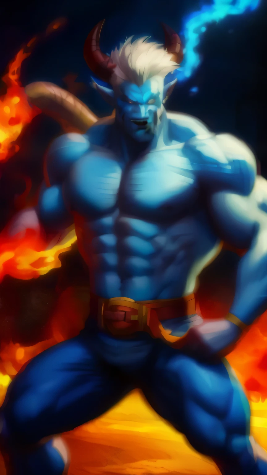 Arafe in a blue and yellow outfit with horns and a yellow belt, Fit male demon with white horns, Muscular humanoid demon Balrog, Genie man male demon, male Genie man demon hybrid, Demonic white horns, menacing pose, horned god, Humanoid form, fighting game character, Genie, Video game Dunkey, Fantastic non-human character