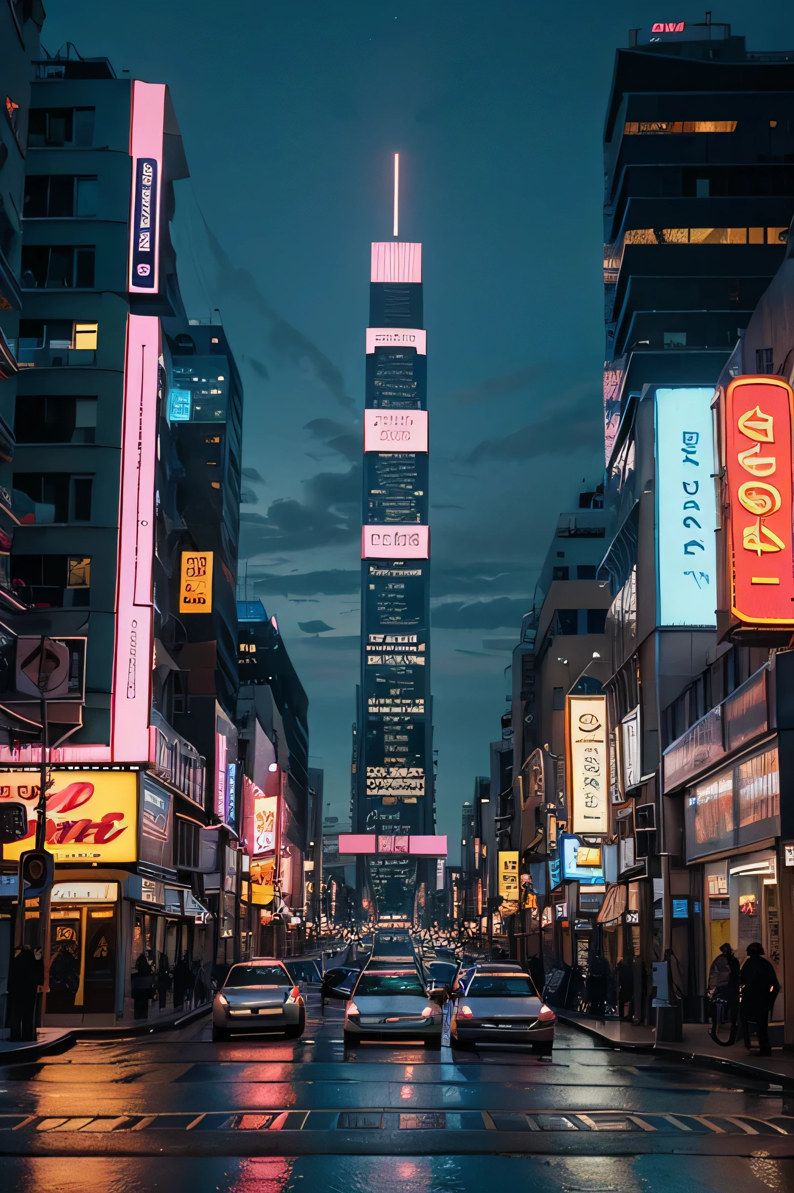 Create a detailed, vibrant image of a futuristic cityscape at twilight, in a style that combines retro 80s aesthetics with modern pixel art. The scene is alive with neon lights in shades of pink and blue, reflecting off the slick, wet streets of the bustling city. Skyscrapers reach towards a starry night sky, their outlines and windows aglow with light, and digital billboards flicker with life. Look closer and you'll see flying cars gliding between the buildings, their tail lights streaking through the air. The streets are busy with traffic, and pedestrians are just visible on the sidewalks. Despite the advanced technology evident in the scene, there's a nostalgic feel to the image, reminiscent of classic arcade games. The city feels both familiar and utterly fantastical, a neon-drenched metropolis that thrums with energy and the promise of high-tech wonders.