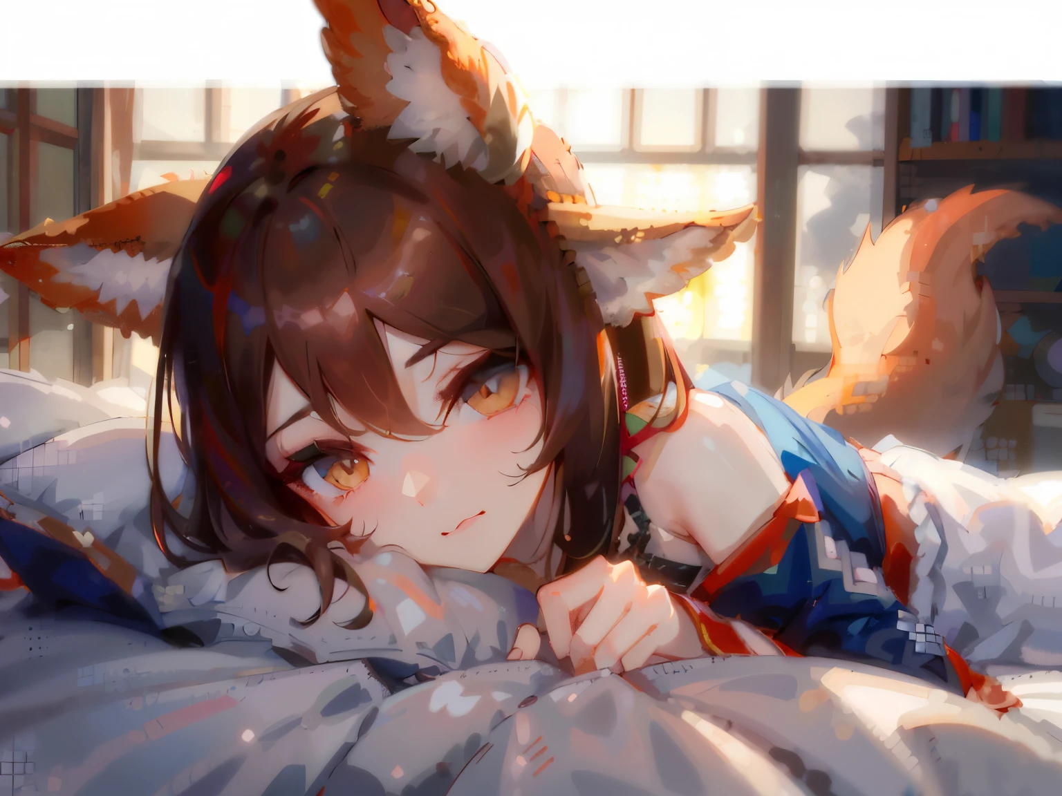 Anime character lying on the bed, Kushart Krenz Kay Art for women, Detailed key anime art, White fox girl, onmyoji portrait, splash art anime Change, portrait of Ahri, girl with fox ears, Change, granblue fantasy, neferpitou, genshin, astri lohne