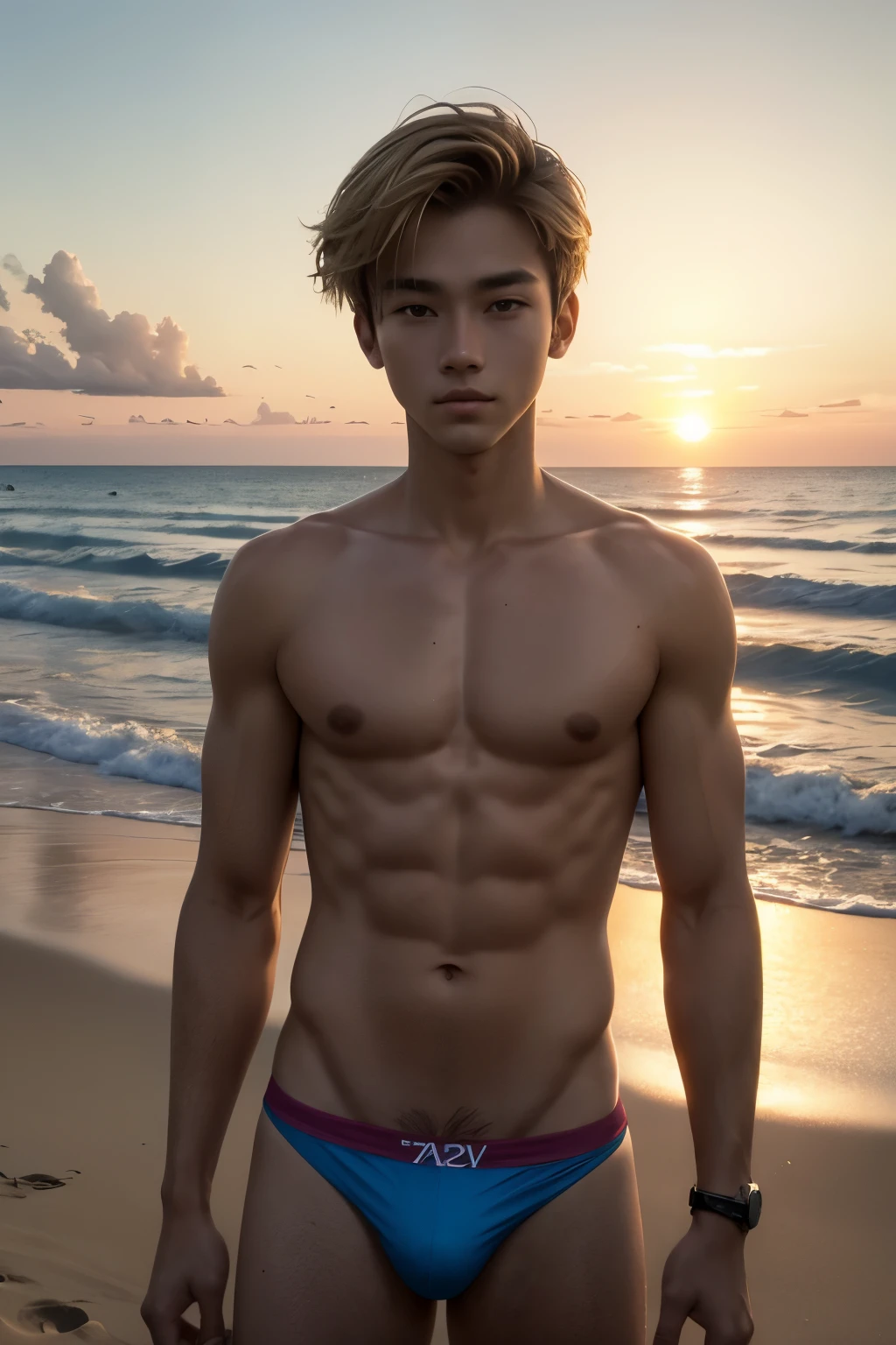 handsome ager wearing speedos, very short blond hair, beach at sunset