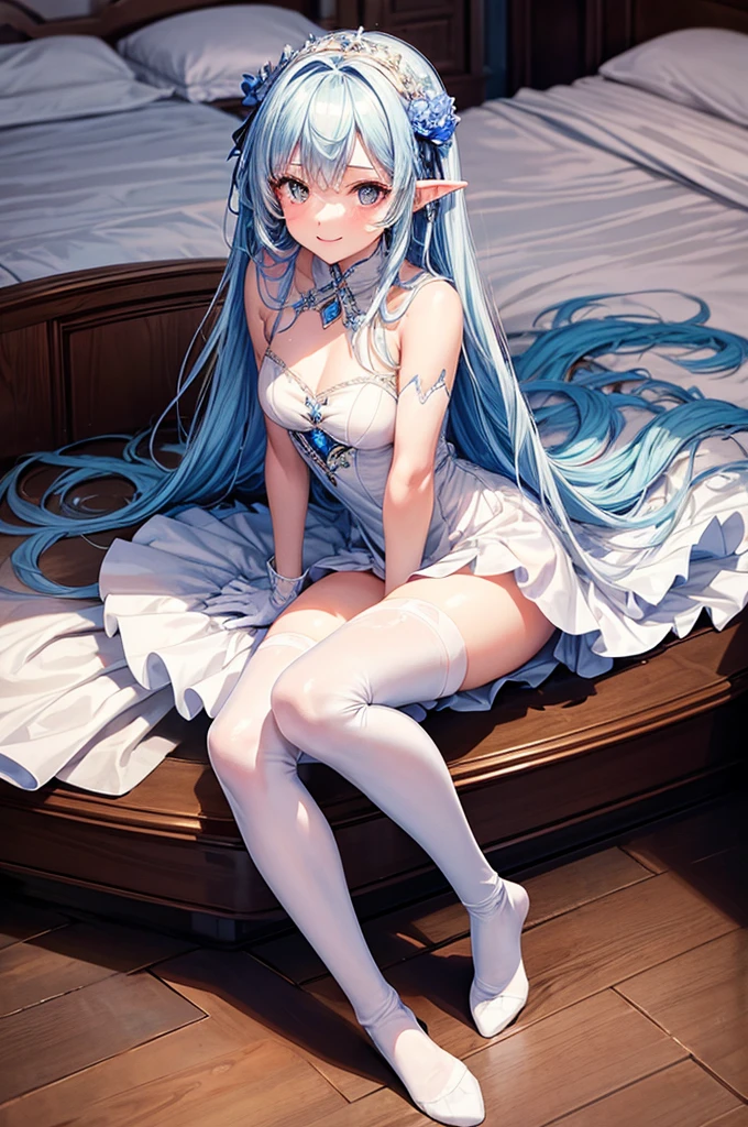 4K realistic，10-year-old girl，Long powder blue hair，White JK dress，Light blue lace bra，Light blue lace panties appear，White suspender stockings，With a shy face，The whole body is water，wide blue eyes，The panties were blown up by the wind，on top of the bed，Open your legs upwards to expose your toes