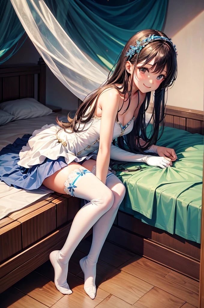 best quality, masterpiece, 1girl, solo, Fairy, long hair, FairyBase, thigh-highs, bare shoulders, jewelry, sleeveless, white dress, blue skirt, gloves, bed room, bed, wooden floor, sitting, sitting on bed, from below, hands on legs, smile, soft lighting, full body,