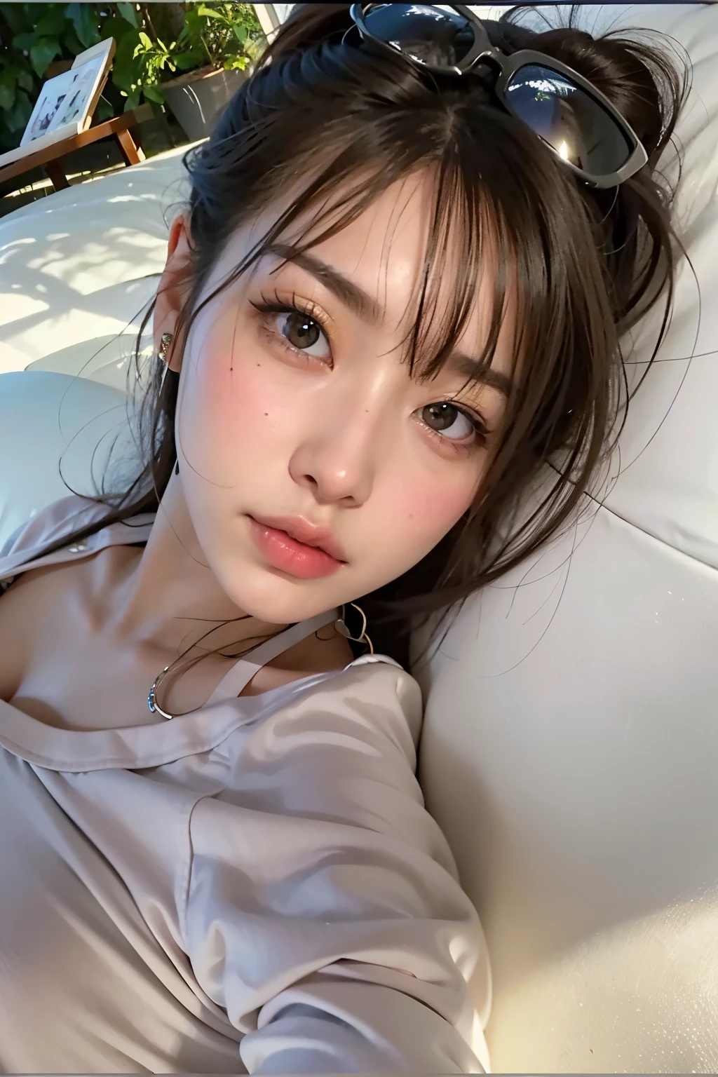 a close-up of a woman lying on a white sofa, dilraba dilmurat, Lalisa Manobal, Yoshitomo Nara, garota cara fofa, chiho, sakimichan, lindo rosto de garotas japonesas, young pale and beautiful asian face, coreana, shikami, young lovely korean face