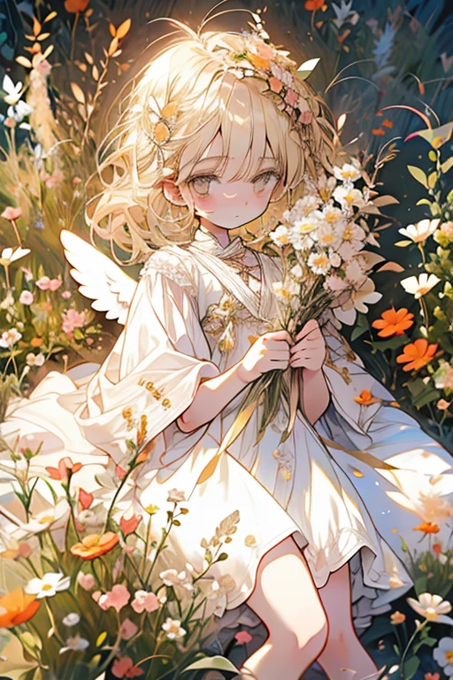 A light golden haired female angel with hazel eyes with white feathers is laying in a field of flowers in a summer dress
