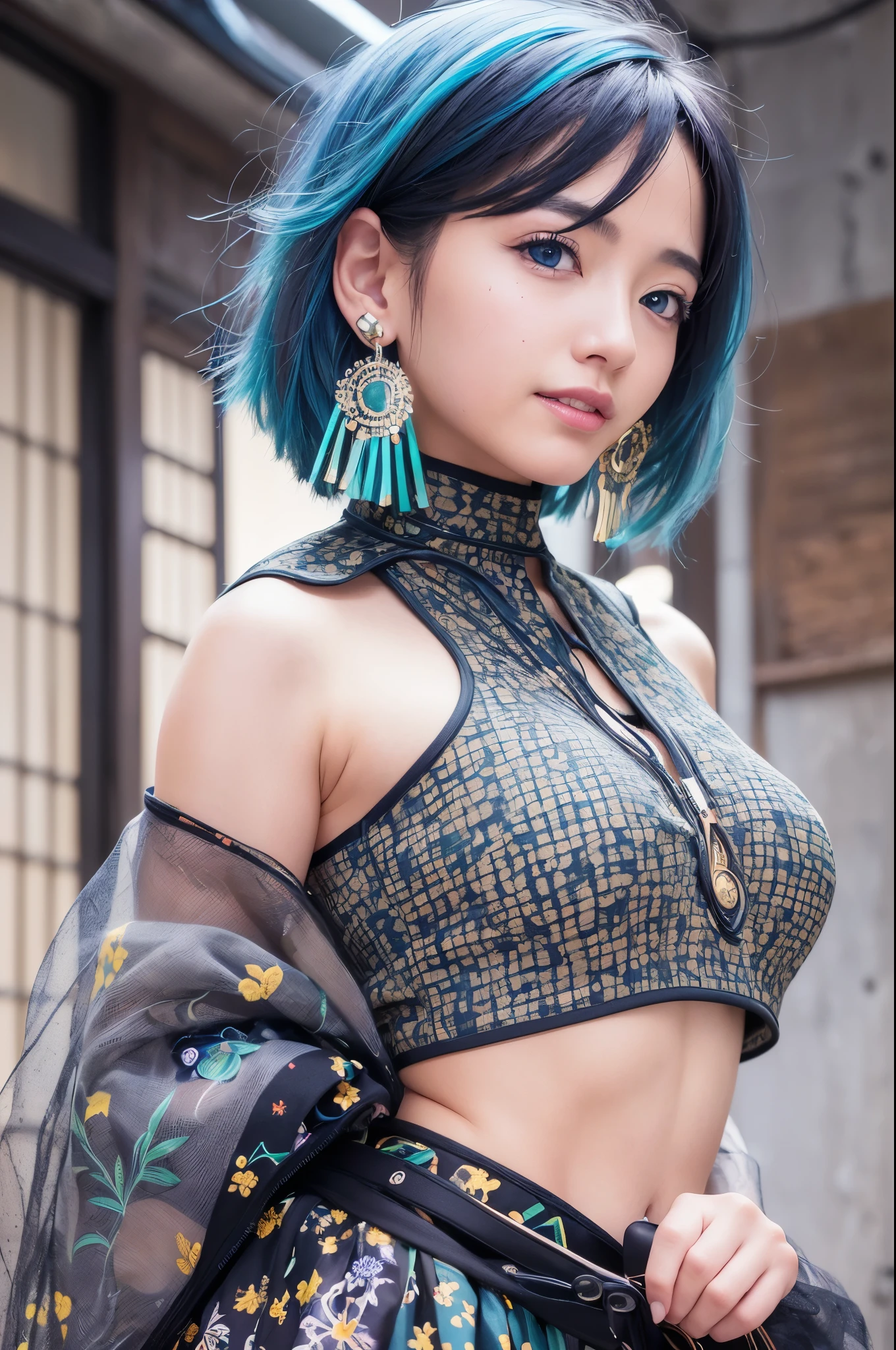 1 girl, whole body:1.2, perfect anatomy, very detailed顔と目,, (blue eyes), gray hair:1.7,smile:0.3, 20-year-old, muscular:1.5, (earrings,good:1.5, white mini skirt), blurred background, ( 8K students, photorealism:1.5, masterpiece, heightens, at night, midnight, dark, rtx, realistic照明, photo taken in ancient japan, very detailed流れる髪, realistic hair, realistic shadow, disorganized, very detailed, 4K, (green eyes), (beautiful girl: 1.4), (masterpiece),ultra detail, (highest quality), (ultra high resolution), (masterpiece), realistic:1.3, smile, balanced pupil, symmetical pupil and iris,Chromatic_aberration:0.8, dynamic_color_range, lens_Twist:0.7, Holding lanterns,delicate hands, Japanese