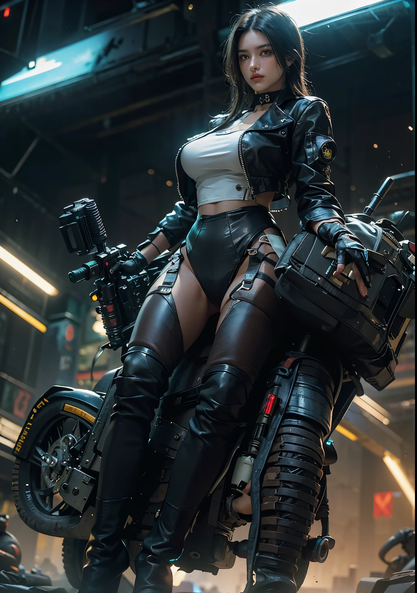 Huntress riding a high-tech motorcycle, Shoot high-tech artillery, Sparks from the gun, (1 female, brown eyes, white skin, Twin-tailed black hair, choker, small breasts, skinny, lip whole, compensate, eyeliner, Russia), Wearing black one-piece leather armor, Long leather gloves, long Leather boots, In a cyberpunk town at night,  (cyberpunk theme), (masterpiece, highest quality, 8K, sharp focus, Depth of bounds written, best shadows, perfect light, HDR, realistic skin texture, Ultra-detailed and detailed background), wide shot