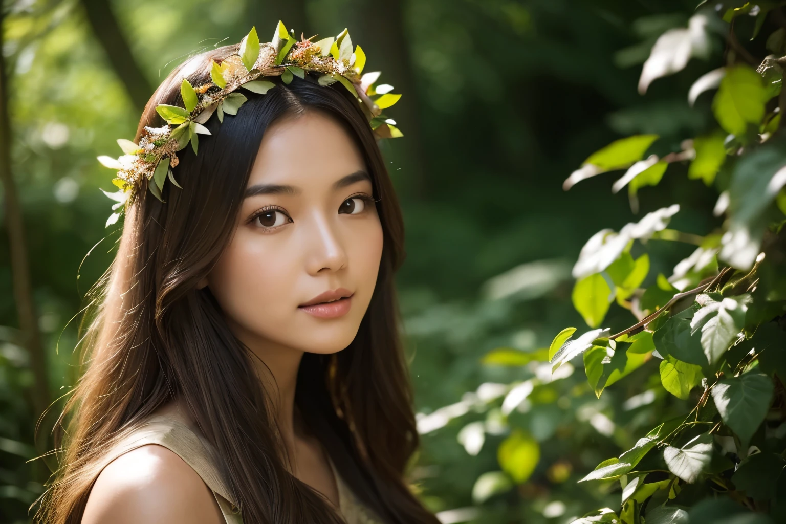 Asian Woman Wearing a flowing, earth-toned dress inspired by nature.Adorn hair with leaves, vines, or a woodland-inspired crown. Blend seamlessly with nature, using natural light and surroundings. Nikon d850 85 mm low angle shot looking towards the camera