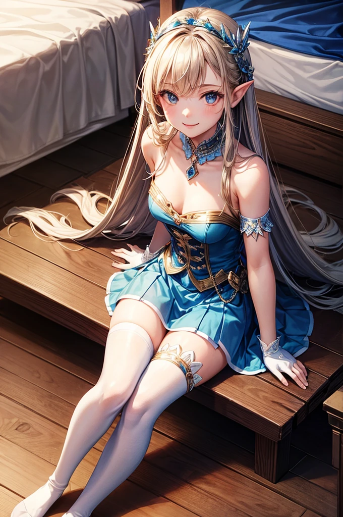best quality, masterpiece, 1girl, solo, Fairy, long hair, FairyBase, thigh-highs, bare shoulders, jewelry, sleeveless, dress, blue skirt, gloves, bed room, bed, wooden floor, sitting, sitting on bed, from below, hands on legs, smile, soft lighting, full body,