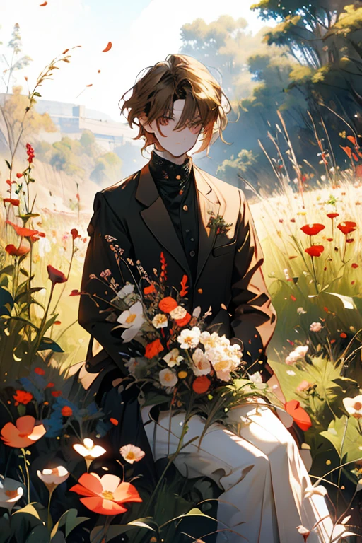 A brown haired man with red eyes is sitting in a field of flowers in a suit.