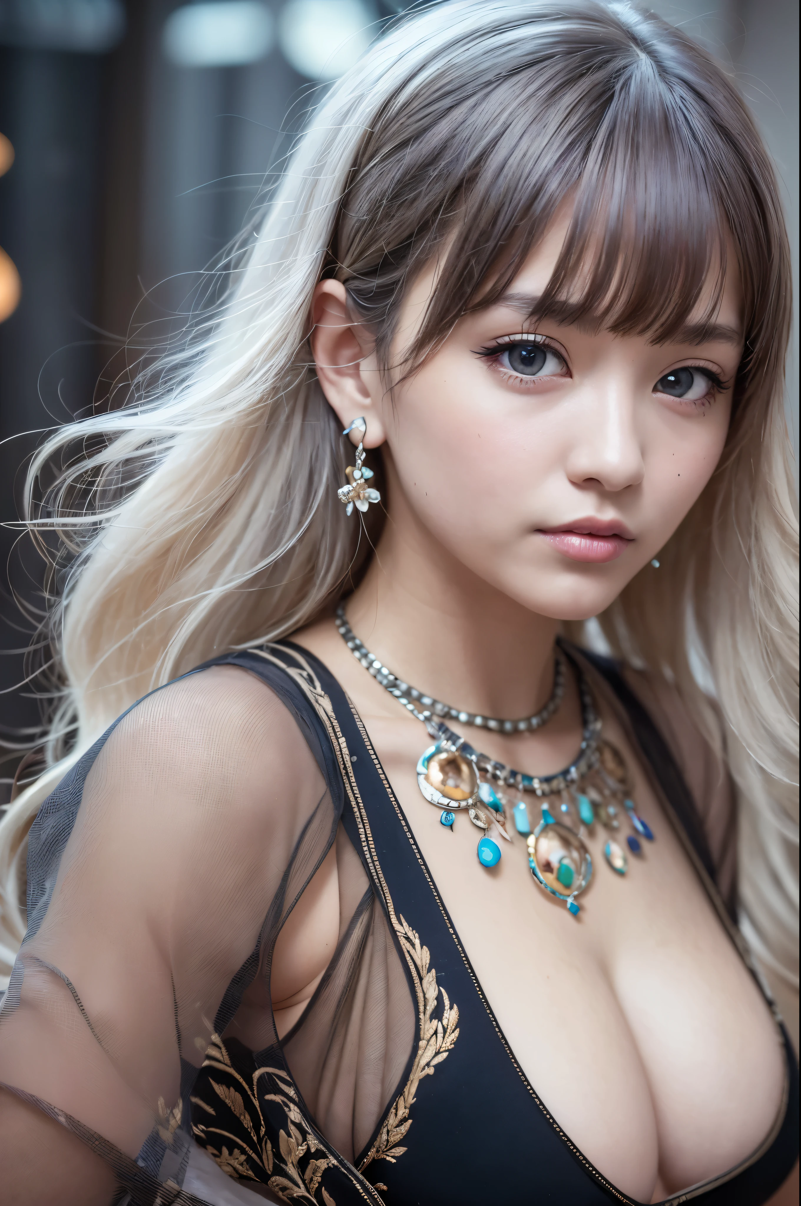 1 girl, whole body:1.2, perfect anatomy, very detailed顔と目,, (blue eyes), gray hair:1.7,smile:0.3, 20-year-old, muscular:1.5, (earrings,good:1.5, white mini skirt), blurred background, ( 8,000 students, photorealism:1.5, masterpiece, heightens, At night, midnight, dark, rtx, realistic照明, photo taken in ancient japan, very detailed流れる髪, realistic hair, realistic shadow, confused, very detailed, 4K, (green eyes), (beautiful girl: 1.4), (masterpiece),ultra detail, (highest quality), (ultra high resolution), (masterpiece), realistic:1.3, smile, balanced pupil, symmetical pupil and iris,Chromatic_aberration:0.8, dynamic_color_range, lens_twist:0.7, Holding lanterns,delicate hands, Japanese