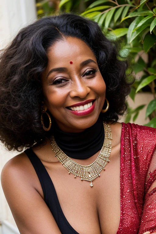 fotografia de uma mulher cigana, pele negra, com mais de 60 anos, (smiling facial expression), Pele texturizada, cabelo afro negro, vestido vermelho de seda, with hijab and lots of jewelry.