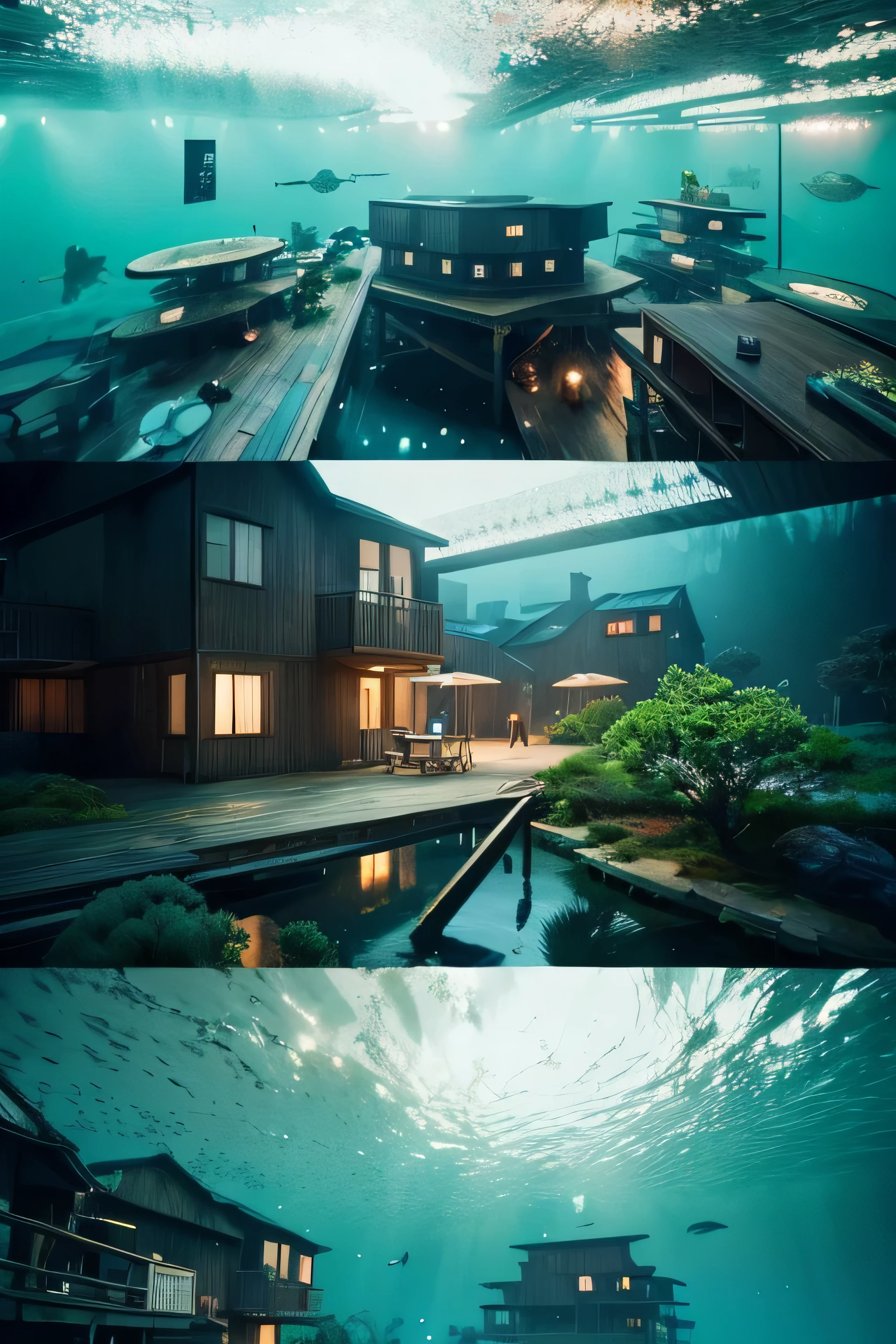 colony: 1.2), (Hayakaze Miyazaki), (Irregular Buildings Floating Under the Sea), Patchwork Cottage, Moss Decoration, circle, light, Concept Art Inspired by Andreas Rocha, Artstation contest winner, fantasy art, (Underwater city), Ross Tran, lightシャフト, realistic lighting, japanese landscape,masterpiece, high quality, beautiful graphics, high detail, masterpiece, high quality, beautiful graphics, high detail,