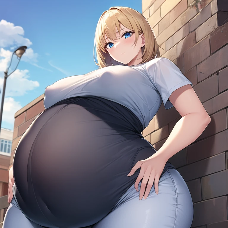 masterpiece, best quality, 1girl, solo, mature female, huge breasts, curvy, straight hair, short hair, blonde hair, blue eyes, white t-shirt, black pants, covered nipples, see-through, pregnant, hands on belly, outdoors