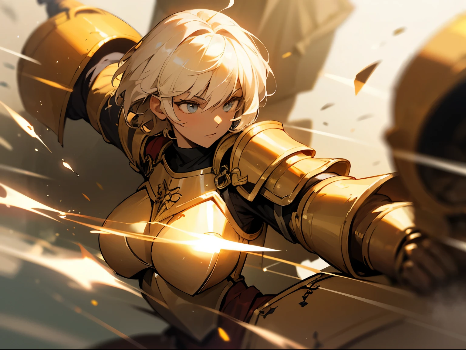 masterpiece, best quality, mature woman, light beige short hair, dark skin, light eyes, paladin, orange golden heavy armor, breastplate, large shoulder pads, fantasy, medieval, in a battle arena, dynamic pose, beautiful detailed glow.