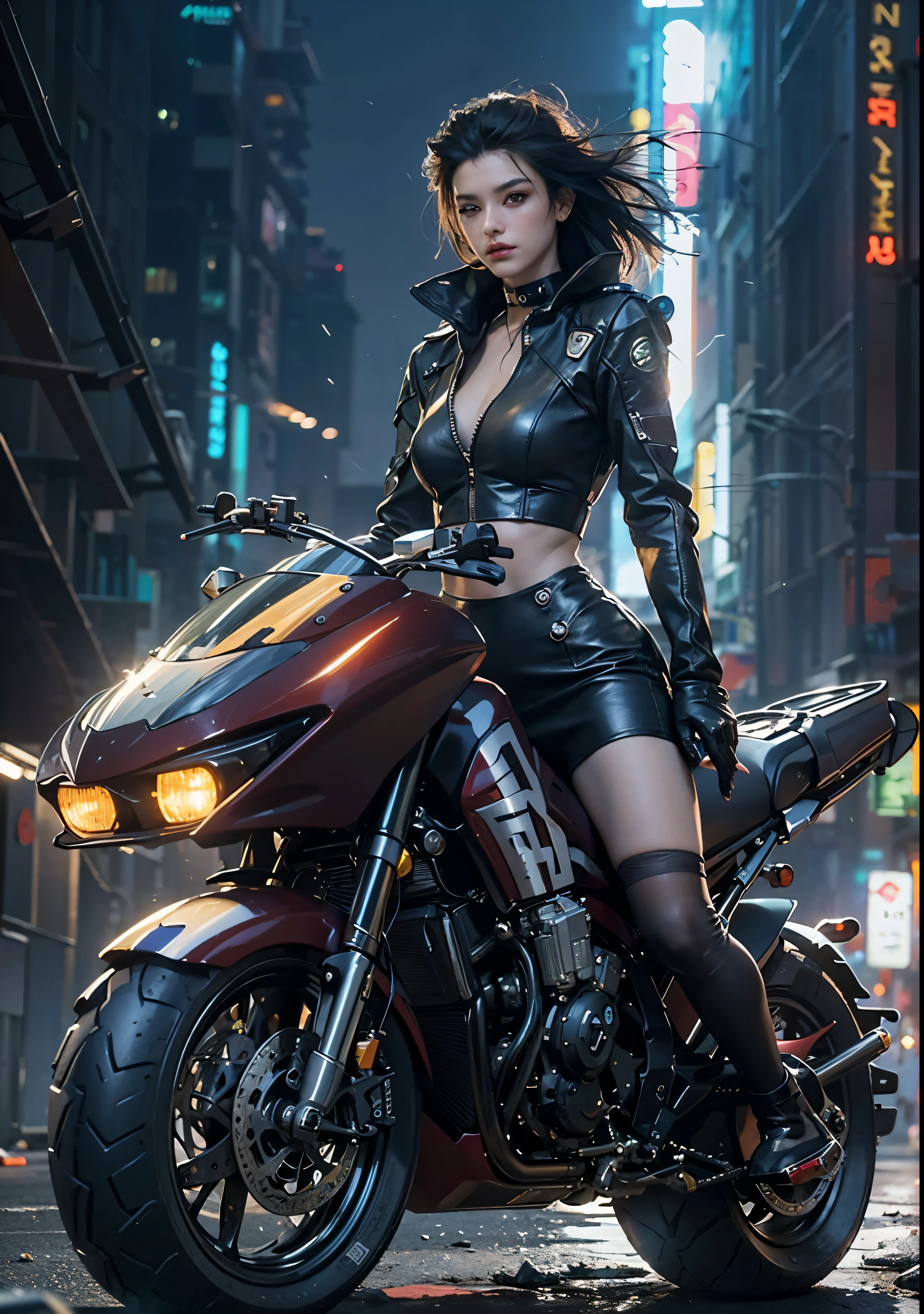 Huntress riding a high-tech motorcycle, Shoot high-tech cannons, Sparks from guns, (1 female, brown eyes, white skin, Twin-tailed black hair, choker, small breasts, skinny, lip whole, compensate, eyeliner, Russia), Wearing black one-piece leather armor, Long leather gloves, long Leather boots, In a cyberpunk town at night, (cyberpunk theme), (masterpiece, highest quality, 8K, sharp focus, written boundary depth, best shadows, perfect light, HDR, realistic skin texture, Ultra-detailed and detailed background), wide shot