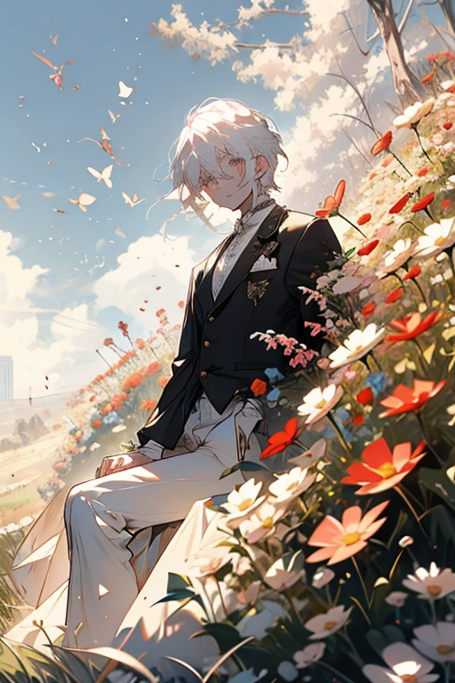 A white haired man with ruby eyes is sitting in a field of flowers in a fancy suit.
