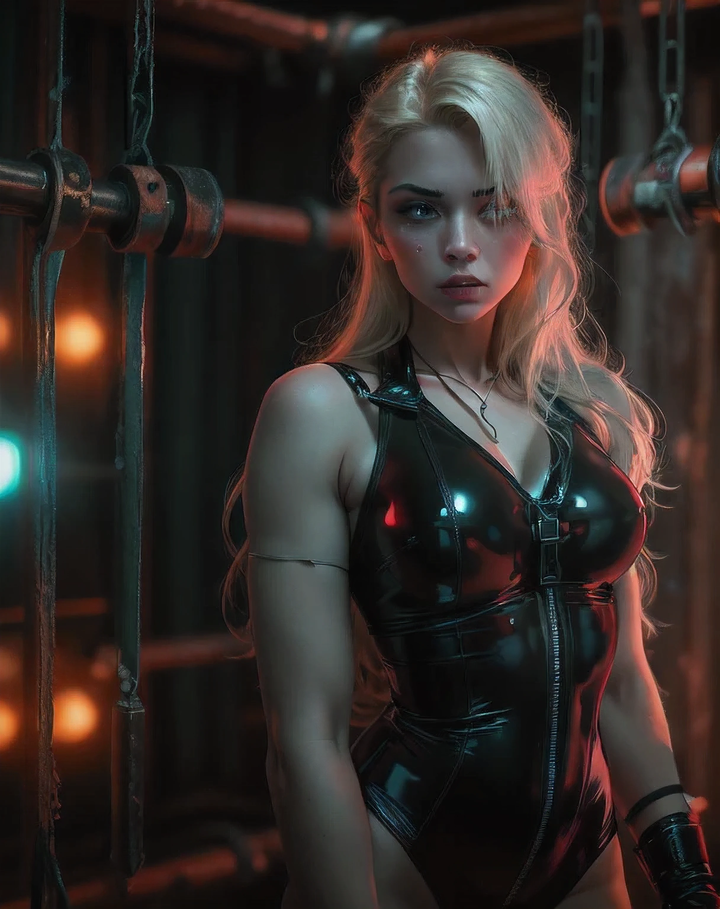 analogue photo, BDSM scene, young blonde woman, (((big boobs))), young man, (muscle), ((((dark minimalist dungeon)))), (neon lights red and green lights), (((((latex BDSM clothes))))), handcuffs, whip, supermodel, (((slave and master pose)), masterpiece, eye level, Kodak Funsaver, Porta 160, 20mm, bokeh, in the style of Nan Goldin, textured, distressed, ((vintage)), edgy, noisy, high contrast, ralistic, ultrarealistic, 4k, hyperreal, disturbing, naked breasts