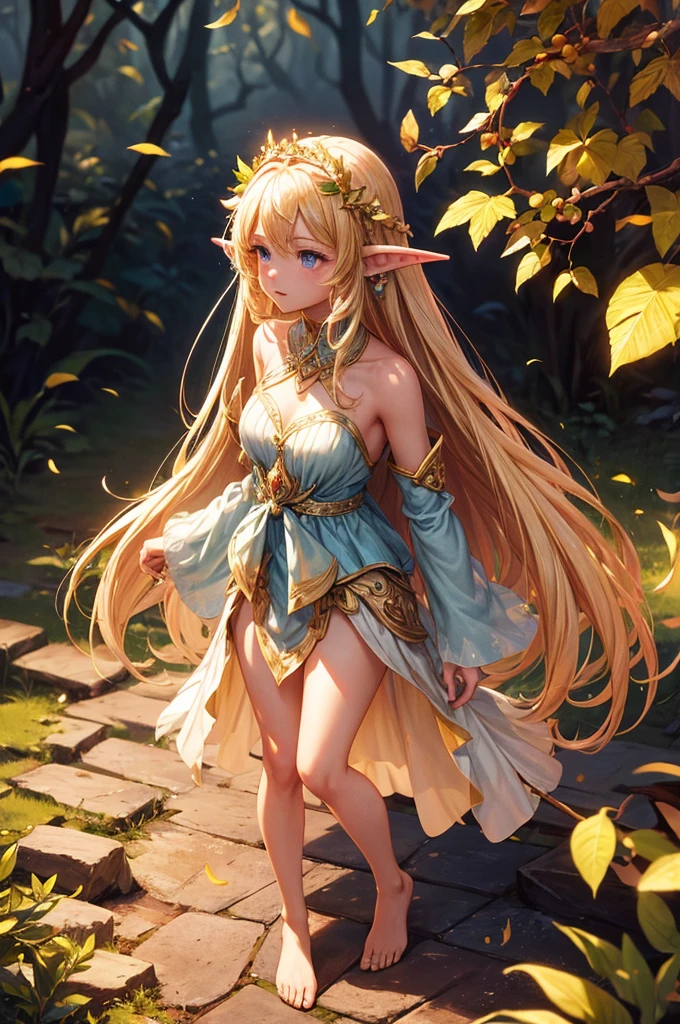 best quality, masterpiece, 1girl, solo, Fairy, long blonde hair, pointed ears, FairyBase, bare shoulders, Skirt of leaves, jewelry, soft lighting, full body,
