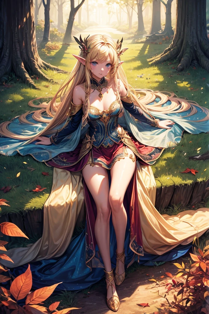 best quality, masterpiece, 1girl, solo, Fairy, long blonde hair, pointed ears, FairyBase, bare shoulders, Skirt of leaves,  jewelry, soft lighting, full body, 
