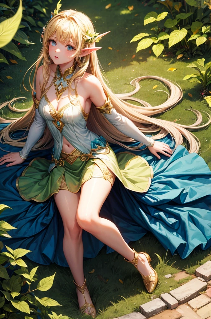 best quality, masterpiece, 1girl, solo, Fairy, long blonde hair, pointed ears, FairyBase, bare shoulders, Skirt of leaves, jewelry, soft lighting, full body,