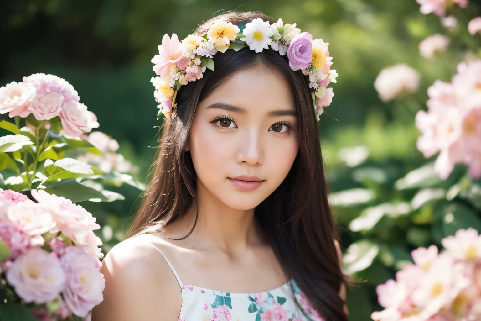 Asian woman Wearing floral maxi dress with pastel hues.Incorporate a flower crown with delicate blooms.Concept: Capture the essence of a blooming garden, with soft sunlight filtering through petals.

 Nikon d850 85 mm low angle shot looking towards the camera