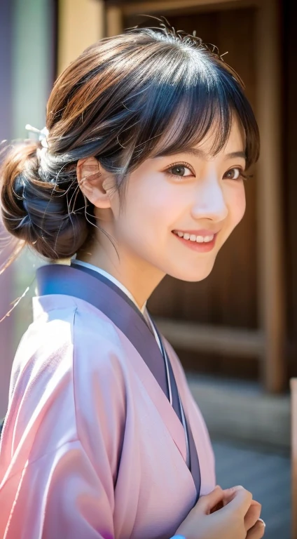 professional lighting,(Photoreal:1.4), (Top image quality:1.0), (Super high resolution:1.0), 8K, Raw photography, (masterpiece:0.2), (Pueros face_v1:0.5)、(最高quality Detail:1.2)、realistic、8K UHD、High resolution、(1 girl:1.2)、超detailedな、High quality textures、intricate details、detailed、Very detailed CG、High quality shadows、Beautiful and delicate face in every detail、Beautiful and delicate eyes in every detail、(symmetrical eyes:1.2),Depth of bounds written、ray tracing,1 girl, japanese girl, (natural smile:1.4),cute, thin, Portrait of a beautiful Japan woman in kimono, Standing in an elegant posture on a street corner in Kyoto. The kimono is vivid with traditional patterns, Hair decorated with elegant and delicate kanzashi, and a gentle expression. (Kyoto's old cityscape in the background:1.4)、Soft light on a spring afternoon、Adds tranquility to the scene. Render in a realistic style with meticulous attention to detail, High resolution画像.sky porn, magic hour, (realistic:1.3), 細かくdetailedに, quality, (table top:1.2), (realistic:1.2), (最高quality), (複雑なdetailed), dramatic, ray tracing, photograph, +roller