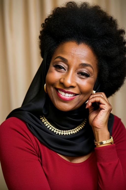 fotografia de uma mulher cigana, pele negra, com mais de 60 anos, (smiling facial expression), Pele texturizada, cabelo afro negro, vestido vermelho de seda, with hijab and lots of jewelry.