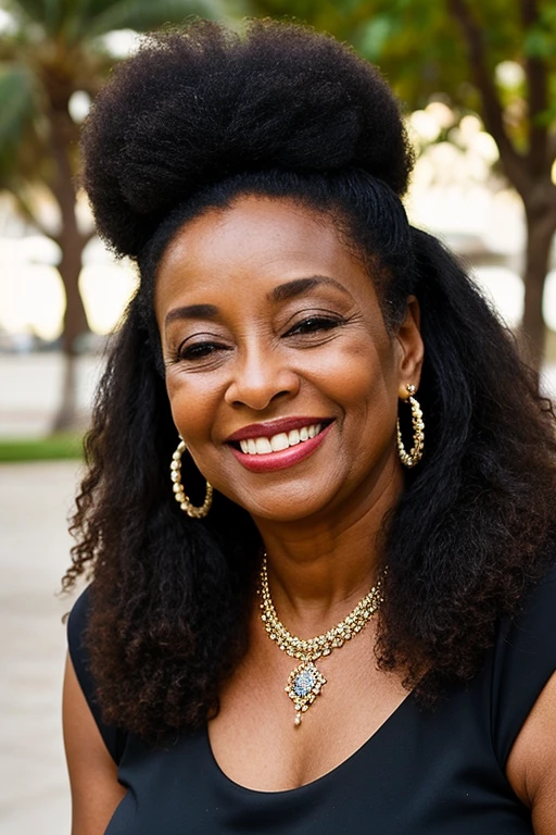 fotografia de uma mulher cigana, pele negra, com mais de 60 anos, (smiling facial expression), Pele texturizada, cabelo afro negro, vestido vermelho de seda, with hijab and lots of jewelry.