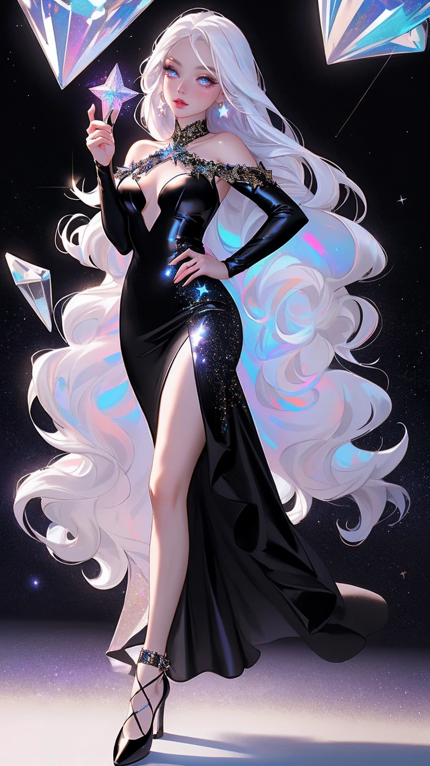{-erro_de_anatomia:1.0} masterpiece, highest quality, (perfect face:1.1, (high detail)1.1, sweet stardust vampire , long soft white hair, opal eyes, perfectly drawn face, black dress, stars detailed background, prismatic lighting, glitter, whole body, Dancing lightly, Very sexy, with chin resting on shoulder , walking on the stars with cristal shoes, holding a star in her hands